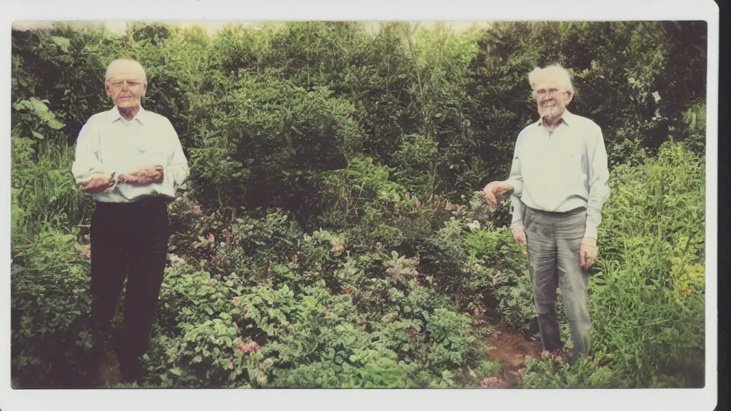 Prompt: polaroid sample photo of an old man in a garden