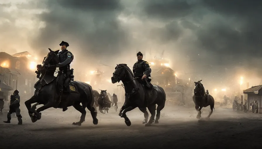 Image similar to police riding a mechanical horse through an orwellian town, troops searching the area, furious action scene, an epic fantasy, dramatic lighting, cinematic, establishing shot, extremely high detail, photorealistic, cinematic lighting, artstation, octane render, by Christopher Nolan, horizon forbidden west