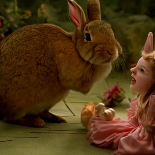 Prompt: the dream of the rabbit from alice in wonderland, cinematography