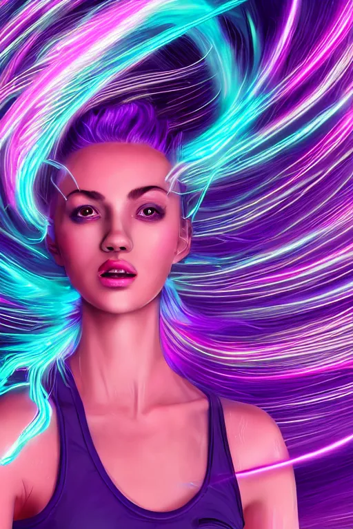 Image similar to a award winning half body portrait of a beautiful woman in a croptop and cargo pants with ombre purple pink teal hairstyle with head in motion and hair flying, surrounded by whirling illuminated lines, outrun, vaporware, shaded flat illustration, digital art, trending on artstation, highly detailed, fine detail, intricate