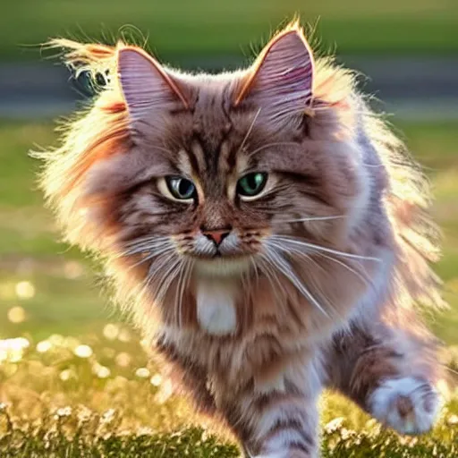 Image similar to realistic photo of a Siberian cat dancing in a pink dress