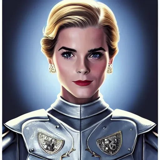 Image similar to A combination of Grace Kelly's and Emma Watson's and Ashley Greene's appearances with blonde hair wearing Master Chief's armor, full body portrait, western, D&D, fantasy, intricate, elegant, highly detailed, digital painting, artstation, concept art, matte, sharp focus, illustration, art by Artgerm and Greg Rutkowski and Alphonse Mucha