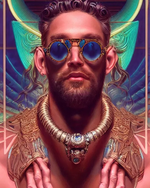 Prompt: ! dream synthwave art - deco poseidon wearing sunglasses and a laurel wreath | highly detailed | very intricate | symmetrical | cinematic lighting | award - winning | closeup portrait | 8 0 s nostalgia | painted by donato giancola and mandy jurgens and charlie bowater | featured on artstation