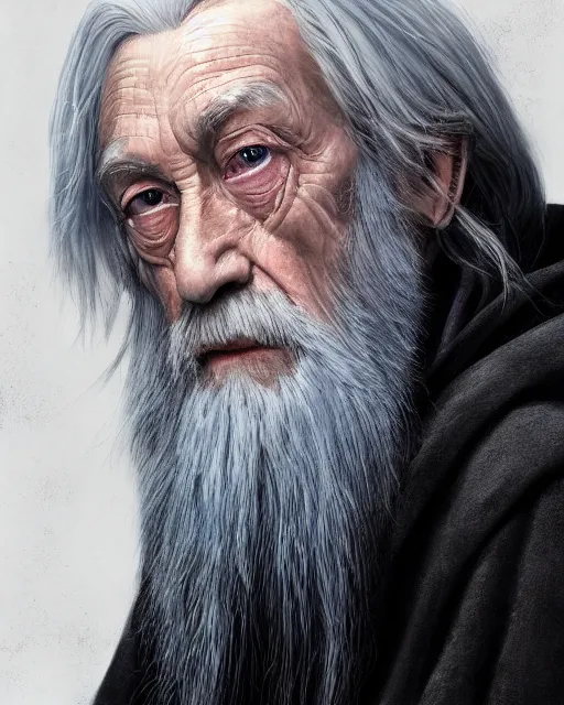 Image similar to portrait of 8 0 - year - old man, with blue eyes, very long silver hair, and very long silver beard, a long crooked nose, dumbledore, wearing in black cloak, hyper realistic face, beautiful eyes, character art, art by mark brooks, hyperdetailed, cryengine, trending on artstation, digital art