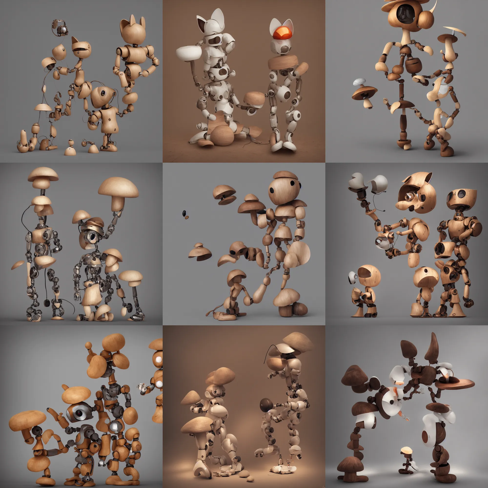 Prompt: 8k octane render photorealistic ,a wooden sculpture art toys on feet very cute robot zen méditation with cat ears mushroom, Art nouveaux colored , a contemporary art gallery art by Saatchi