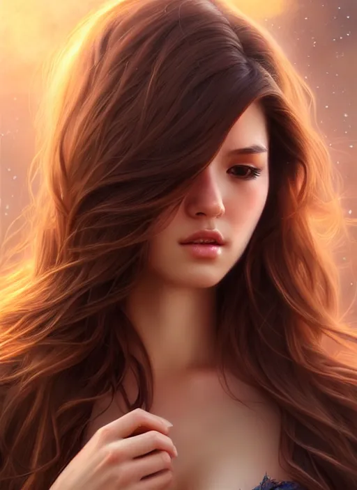 Image similar to a gorgeous female with long brown hair in the style of stefan kostic, realistic, full body shot, wide angle, sharp focus, 8 k high definition, insanely detailed, intricate, elegant, art by stanley lau and artgerm, floating embers