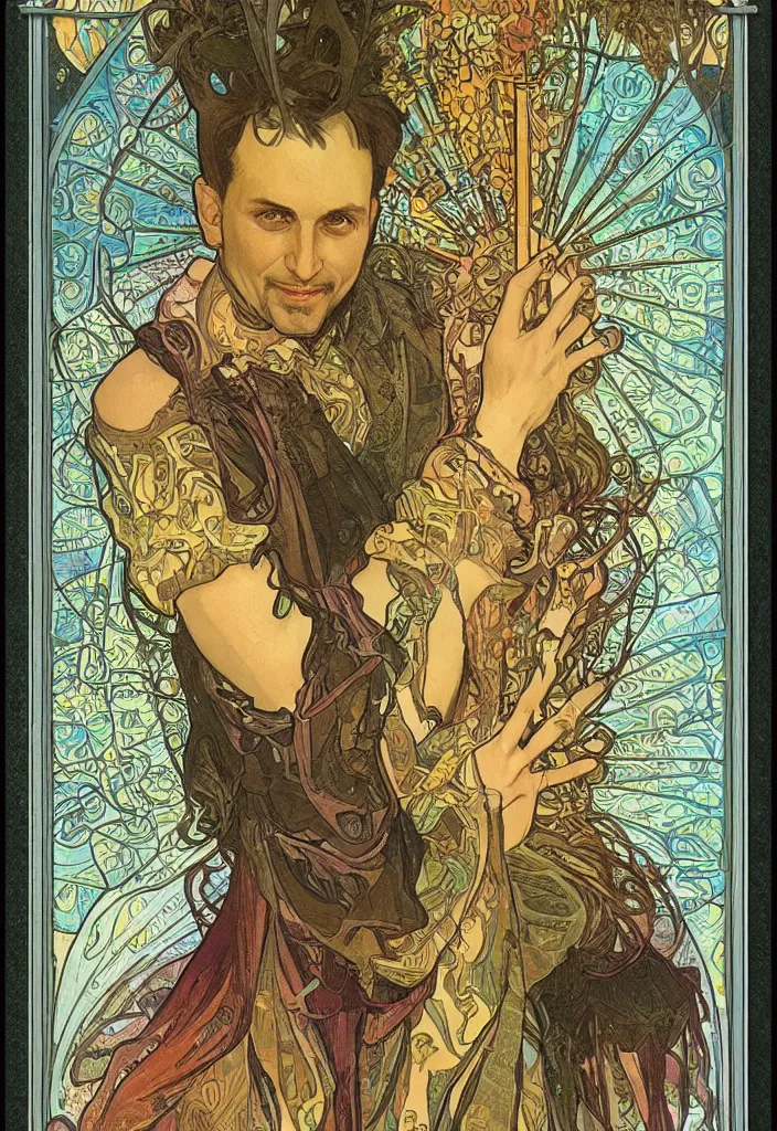 Image similar to Jurgen Schmidhuber on a tarot card, tarot in art style by Alphonse Mucha