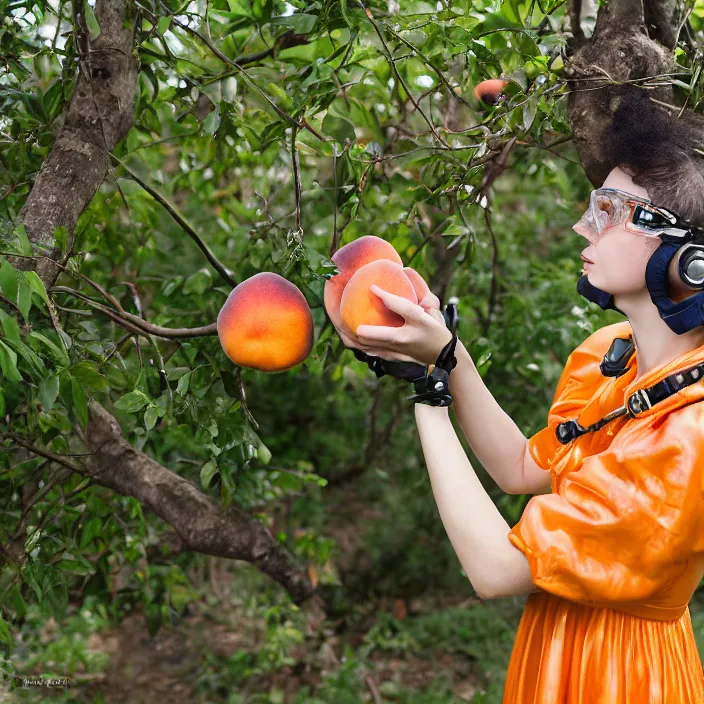 Image similar to a closeup portrait of a woman in a scuba helmet, wearing a dress made of beads, picking peaches from a tree, color photograph, by vincent desiderio, canon eos c 3 0 0, ƒ 1. 8, 3 5 mm, 8 k, medium - format print