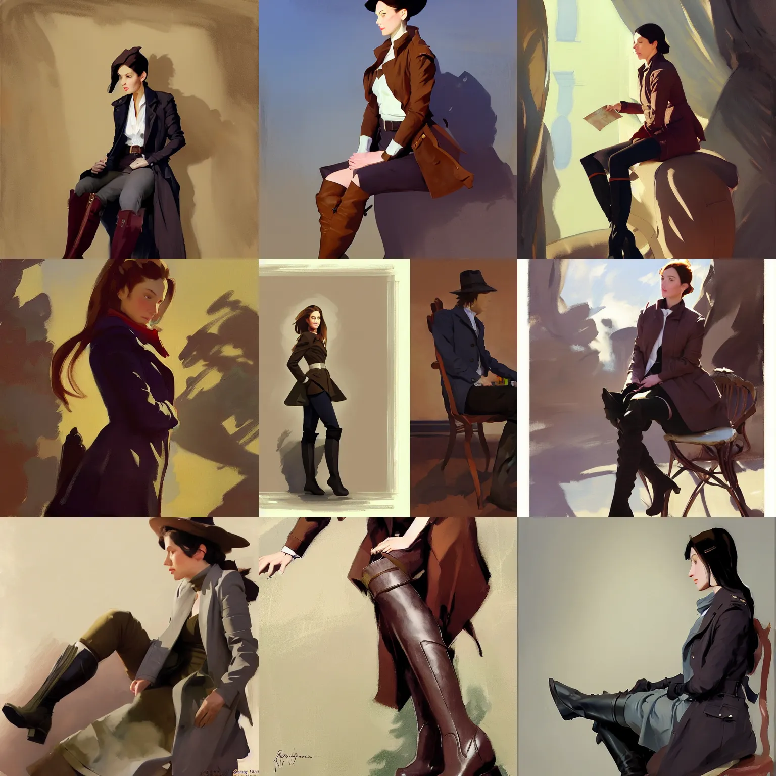 Prompt: cloth fabric jodhpurs knee high boots travel coat fashion, portrait in sitting pose, greg manchess painting by sargent and leyendecker, studio ghibli, fantasy, asymmetrical, intricate, elegant, matte painting, illustration, hearthstone, by greg rutkowski, by greg tocchini, by james gilleard, by joe fenton