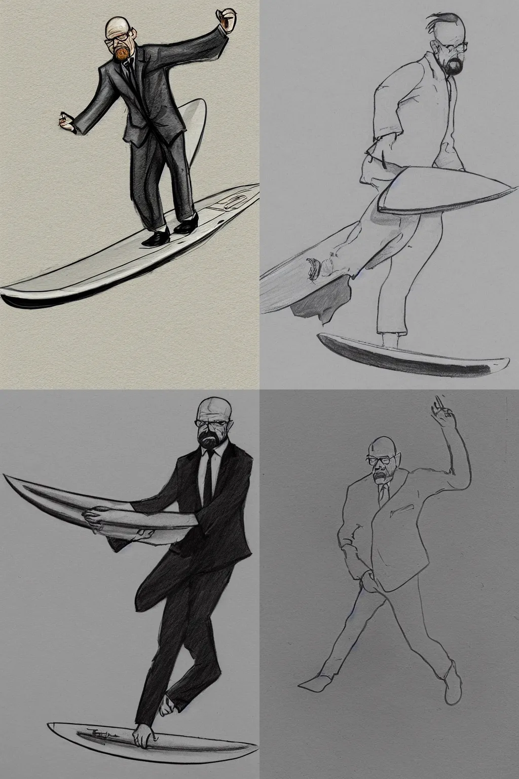 Prompt: court sketch of walter white riding a disproportionately large surfboard