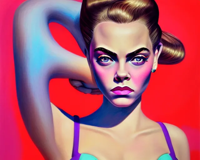 Image similar to closeup profile portrait of a 1 9 5 0 s cara delevigne wearing a bikini, mark ryden, lostfish, max fleischer, hyper realistic, artstation, illustration, digital paint, matte paint, vivid colors, bright, cheerful, detailed and intricate environment