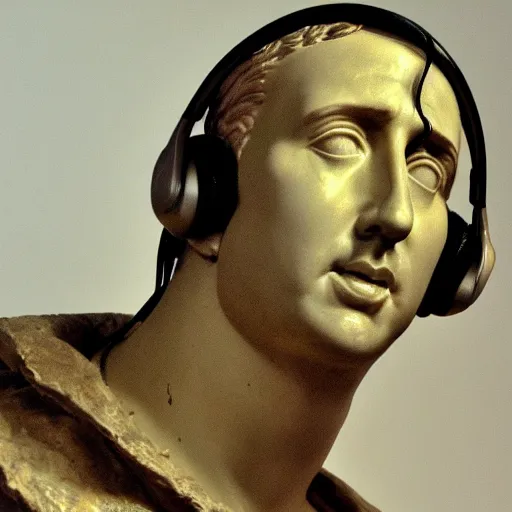 Image similar to a roman bust of Nicolas Cage wearing headphones listening to music, in the stule of vaporwave