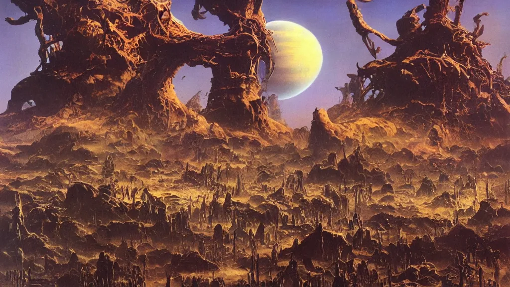 Image similar to surreal eerie alien planet empire with strange biomechanical plants by frank frazetta and bruce pennington, cinematic matte painting