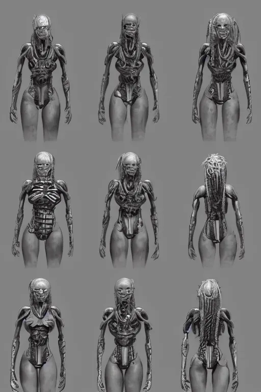 Image similar to african dreadlock hairstyles!! cyborg female with gunmetal grey skin, medical anatomy, paneled face, highly detailed, mecha, mechanical implants, three - perspective / three - view reference sheet ( front / back / side ), in the style of dan ouellette, dren from splice, hr giger, sil from species, artstation, unreal engine