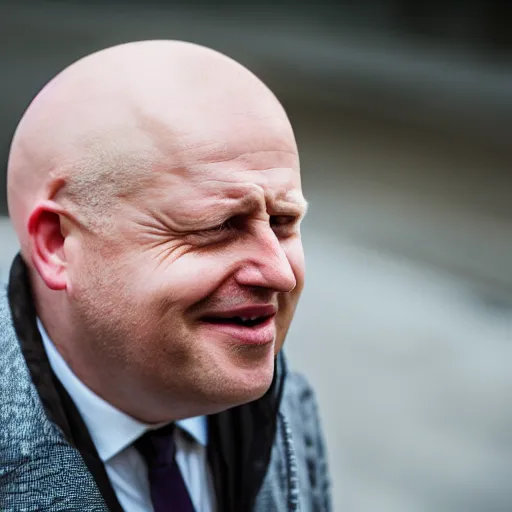 Prompt: A realistic photo of a bald Boris Johnson, bald, bald, rose tattoo, m.zuiko 75mm, f 1.8, 1/400, RAW, unedited, 8K, high quality,