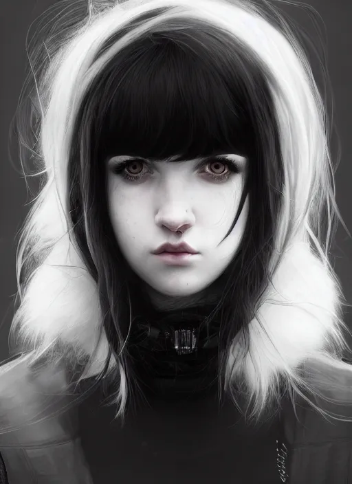 Image similar to portrait of white teenage girl, normal face, black bangs, mall goth, cyberlox, black and white hair, bangs, fluffy bangs, intricate, elegant, highly detailed, digital painting, artstation, concept art, sharp focus, smooth, illustration, art by wlop, mars ravelo and greg rutkowski