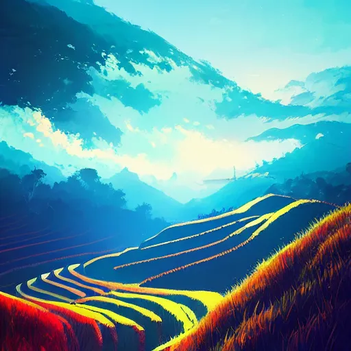 Image similar to beautiful scenery of rice terraces, by anato finnstark, by alena aenami, by john harris, by ross tran, by wlop, by andreas rocha