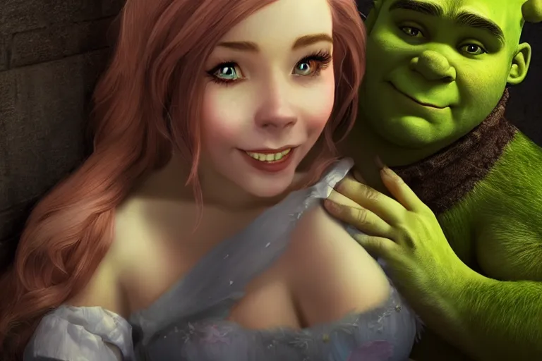 Prompt: belle delphine as shrek, cinematic chiaroscuro, photorealistic, unreal engine, artwork woman by Ross Tran