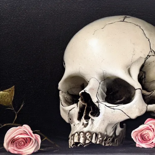 Prompt: a detailed gritty looking baroque still life oil painting of a human skull with white roses coming out of the eye sockets and and shining white diamonds sitting inside the roses, dark black rippling lace curtains behind