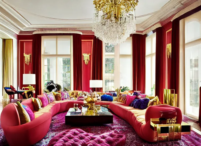 Prompt: luxury living room designed by jeff koons, interior design magazine photography