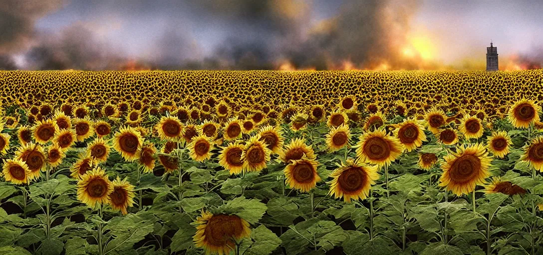 Image similar to the battle of the Somme with one single sunflower, cinematic shot, hyper realistic, hyper detailed