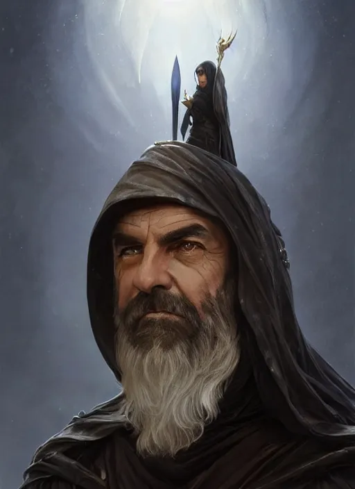 Image similar to Portrait of Sean Connery, white glowing eyes, black hair, cloak, ethereal wings, male, fantasy, extremely detailed, digital painting, artstation, concept art, smooth, sharp focus, illustration, stunning lighting, art by artgerm and greg rutkowski and alphonse mucha and simon stalenhag, realistic character concept, high fantasy, light atmosphere, golden ratio, cinematic lighting, hyperdetailed, high resolution, insanely detailed and intricate, artstation, Marc Simonetti, Greg Rutkowski, 8k