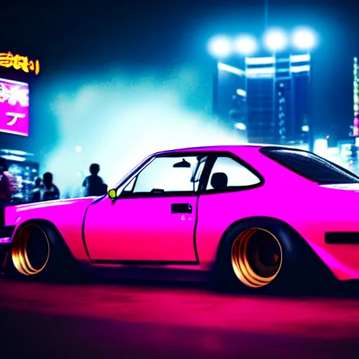 Prompt: a car S30 turbo drift at illegal car meet, shibuya prefecture, sunset night mist neon lights, cinematic color, photorealistic, highly detailed wheels, highly detailed