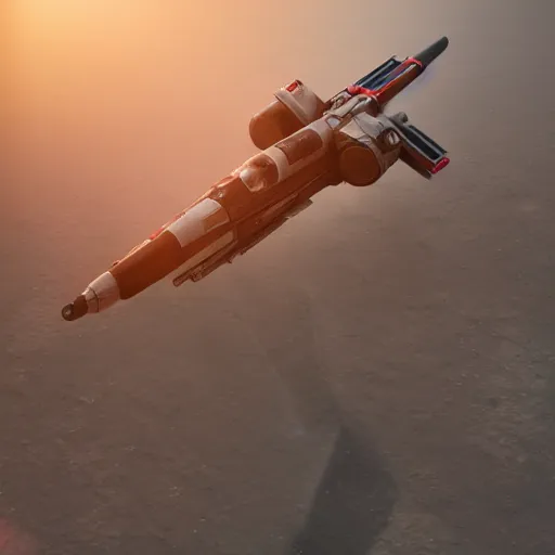 Prompt: promotional movie still, high - angle view of the x - wing starfighter ( star wars ) waiting to take off. 3 d, digital art, octane 3 d render, ue 5, realism, cinematic, imax 7 0 mm.