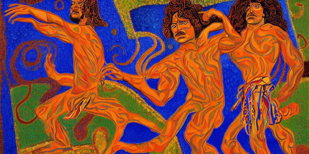 Prompt: an abstract spiritual background, portrait of a virile latino greek god dancing. 2 4 mm, photorealistic, muted color scheme, directed by mati klarwein and georges braque