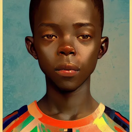 Prompt: colourful upper half - caricature - portrait of an african boy, art by hsiao - ron cheng & alphonse mucha, caricature, highly detailed, digital painting, ray tracing, concept art, illustration, smooth sharp focus, intricate, symmetry, artstation,