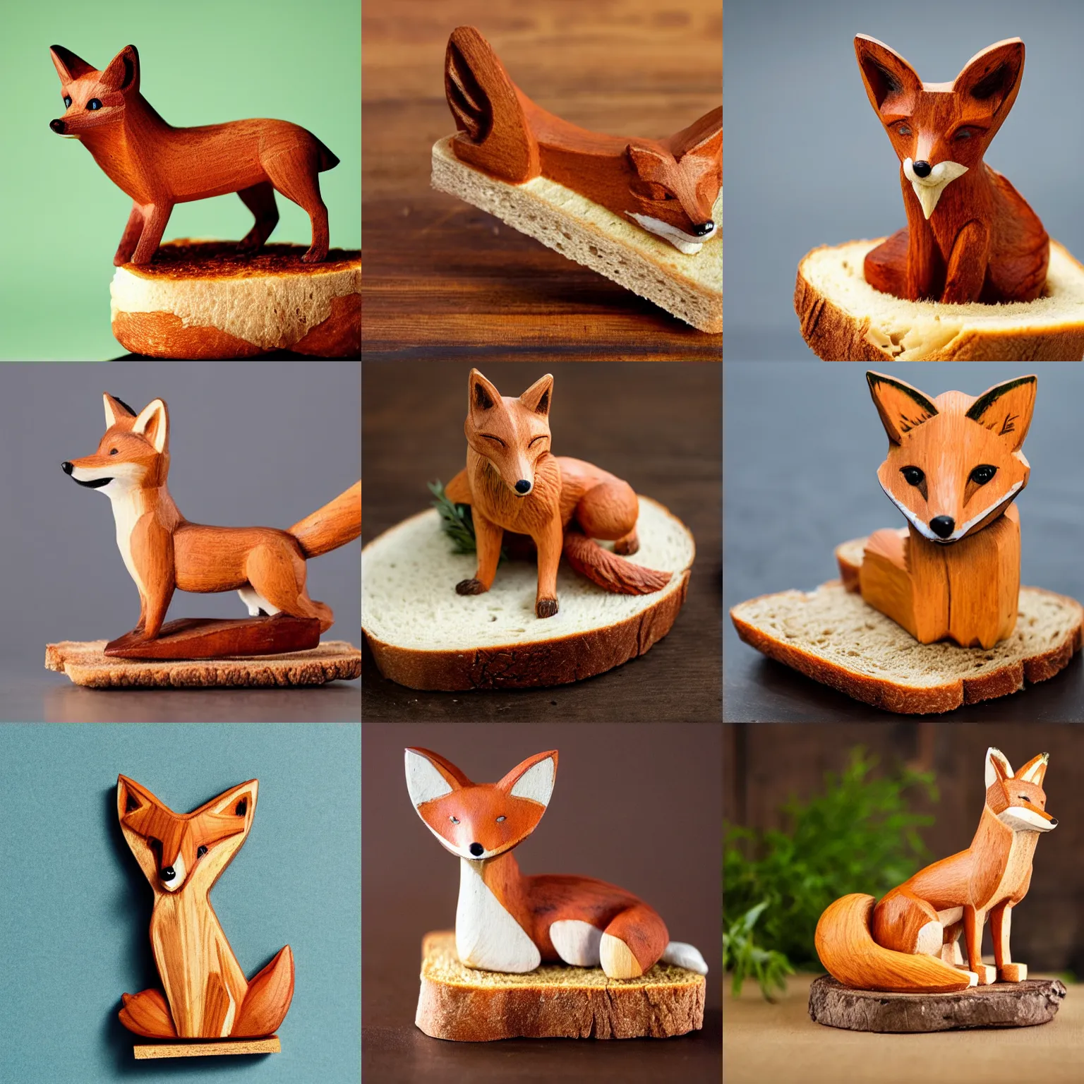 Prompt: A wooden statuette of a fox on a piece of bread. solid Background.