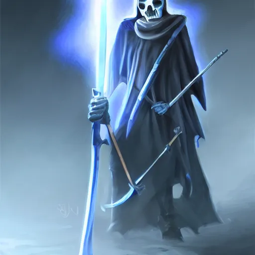 Prompt: grim reaper with a blue glowing scythe, digital art, digital painting, 4 k, hd, artstation, devian art, highly detailed