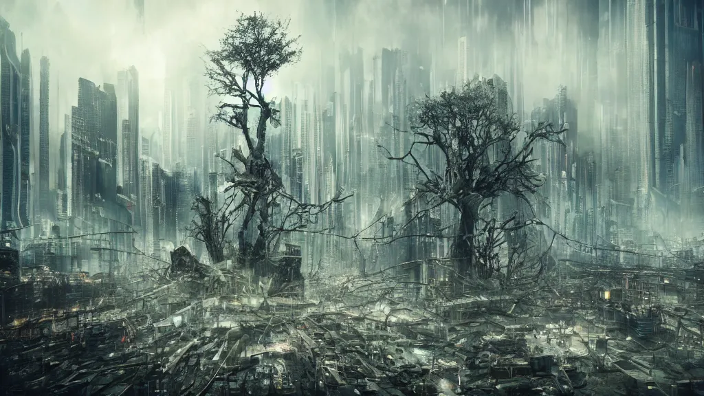 Image similar to a terrifying tree destroying a dystopian city, cyberpunk, sharp focus, dynamic lights, still, photograph, hyper realistic, masterpiece, octane render, rendered, 3 d, cinematic, cinematic lighting, dramatic lighting, highly detailed, intricate details, texture, cinematic composition, wide shot, by donglu yu and kevin jick and eddie del rio