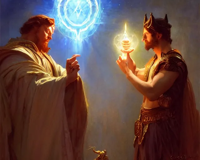 Image similar to attractive wizard man, casting light magic, summoning a handsome deity. highly detailed painting by gaston bussiere, craig mullins, j. c. leyendecker 8 k