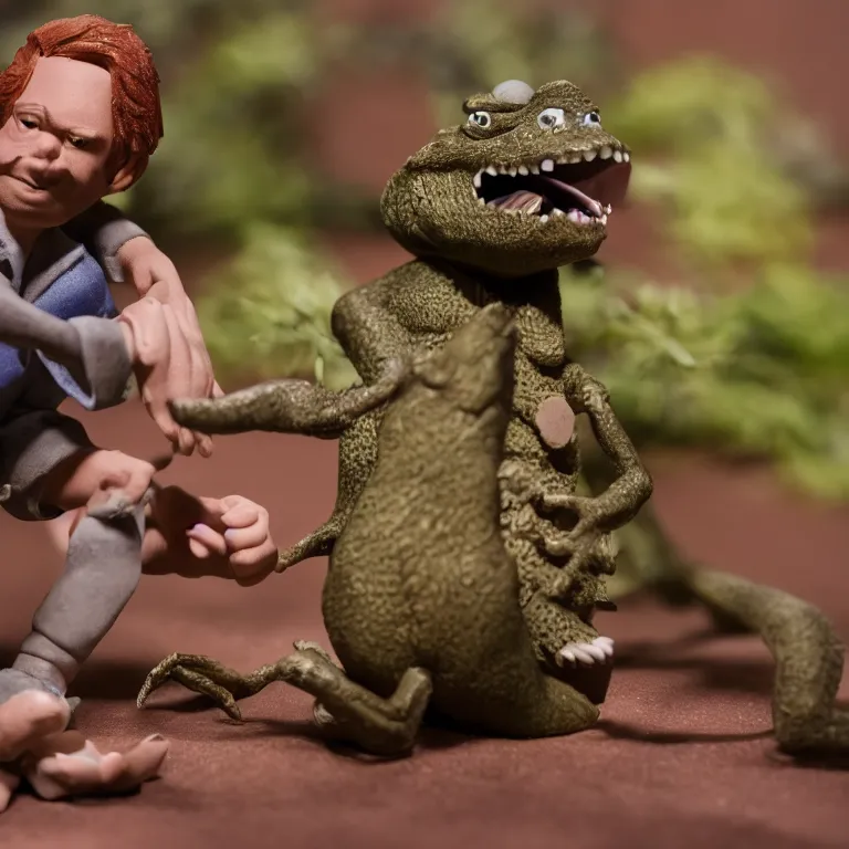 Image similar to a cinematic film still of a claymation stop motion film starring steve irwin, shallow depth of field, 8 0 mm, f 1. 8