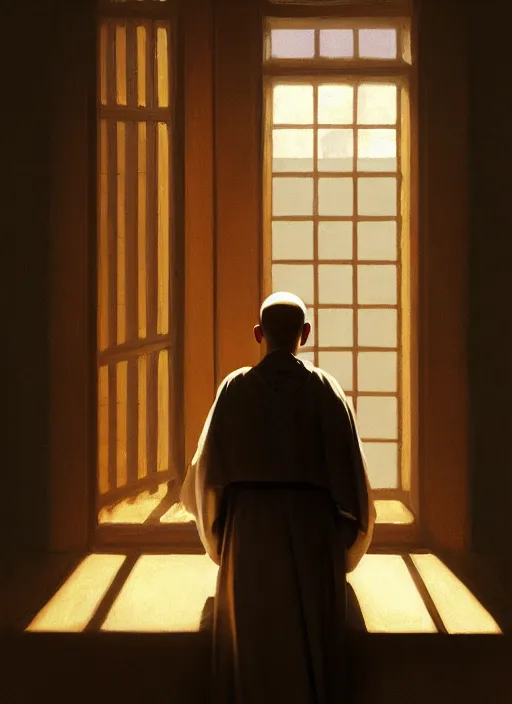 Image similar to oil painting of a dominican monk in robes, looking out a window contemplatively, digital art, artstation, cinematic, golden hour, digital art painting by greg rutkowski