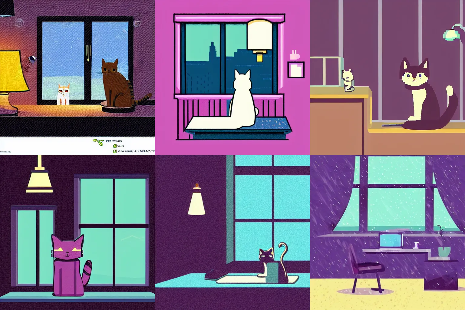 Prompt: cat sitting on a desk with a lamp, looking outside a window, rainy city at night, moody dark violet color palette, lofi anime pixel art illustration