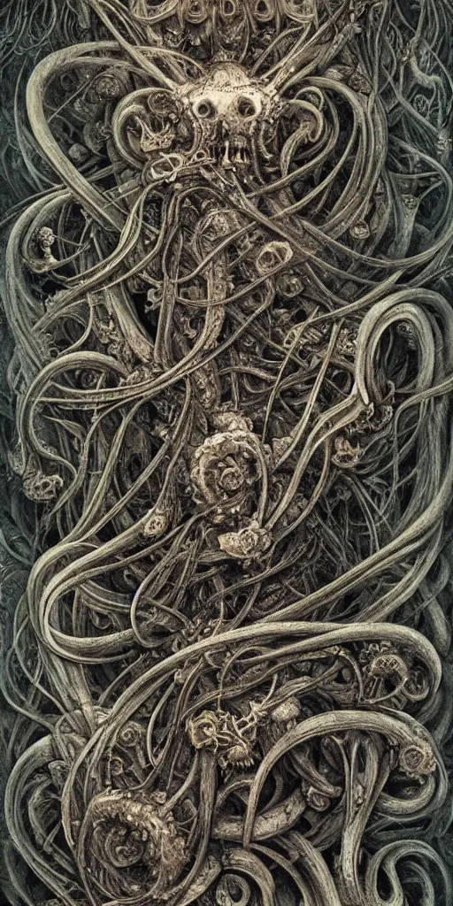 Prompt: abstract, fractal, liquid, melting, swirls, knots, weave, ink, flowers, leaves, gears, wires, bones, skulls, tentacles by hr giger and agostino arrivabene