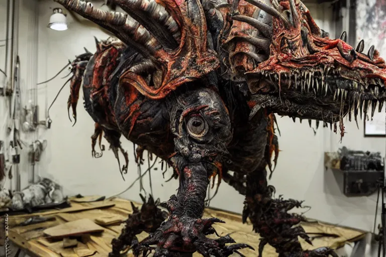 Image similar to photo taken of an epic intricate, ultra detailed, super realistic gritty, hero prop, exquisitely painted animatronic movie prop of a nightmarish hellish creature displayed in the workshop, created by weta workshop, full body shot, photorealistic, sharp focus