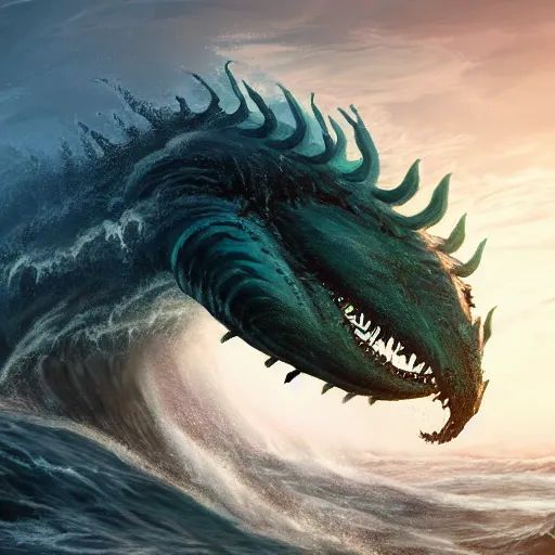 Image similar to huge sea monster, towering over you, colossal giant, mythical sea creature, epic, waves, rough ocean, stormy, gigantic huge sea monster, extremely detailed, intricate digital art, 8 k