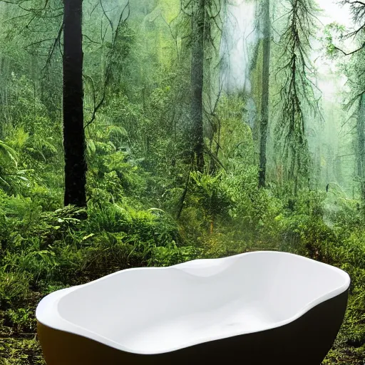 Image similar to pristine porcelain bath filled with bubbles in a clearcut rainforest, slash and burn, cleared forest, deforestation, bubble bath, overflowing with bubbles, tree stumps, smouldering charred timber, pile of timber