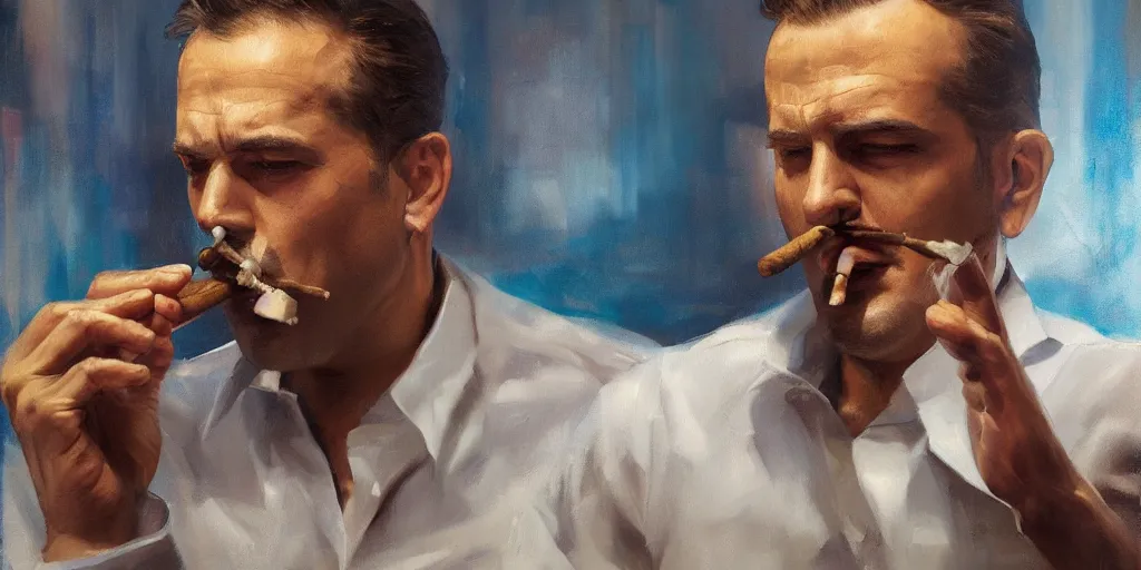 Image similar to abstract oil matte portrait painting, mafia boss smoking a cigar at his 5 0 s new york office desk, wonderful masterpiece highly detailed, beautiful cinematic light deep focus, elegant, digital painting, smooth, sharp focus, golden ratio, dramatic illumination, ultra realistic, 8 k, art by jimmy law