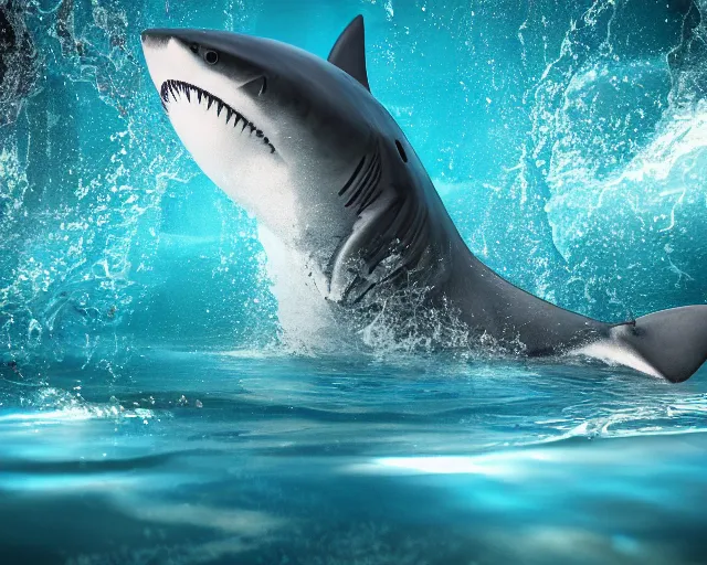 Image similar to water art manipulation of a giant shark on the ocean water, hyper realistic, ray tracing, realistic water splashes, sharp focus, 8 k resolution, cinematic