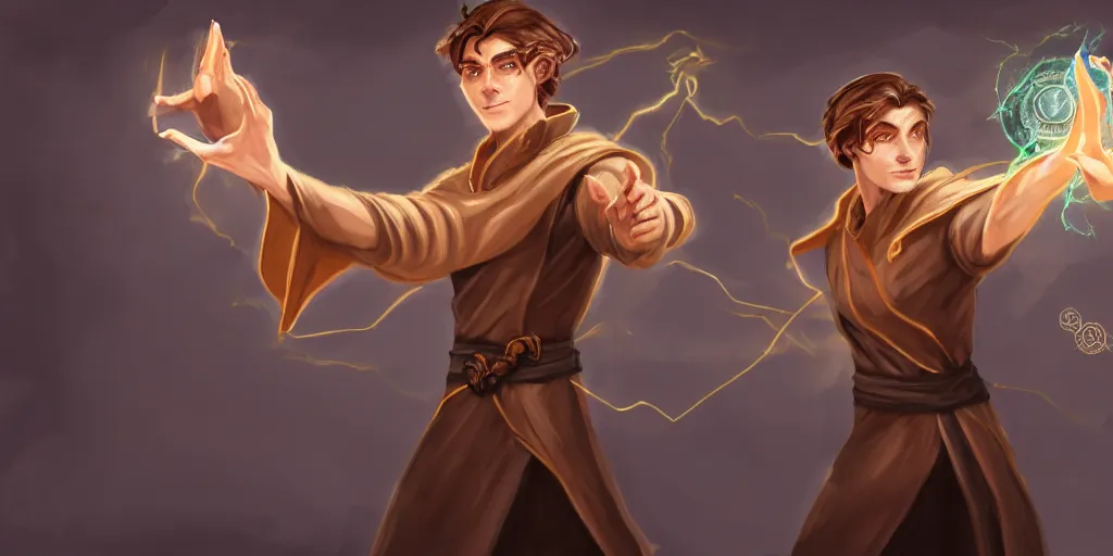 Prompt: concept art of a handsome young caucasian male sorcerer with brown hair he is casting a spell that is emanating from his hands he is in a alchemist lab, action pose, medium shot, waist up, dungeons and dragons art, magic the gathering art