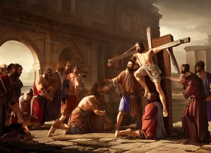 Prompt: historical depiction of the romans persecuting jesus christ on the cross, in the style of greg rutkowski, giorgio vasari, digital painting, unreal engine, extremely detailed masterpiece, volumetric lighting