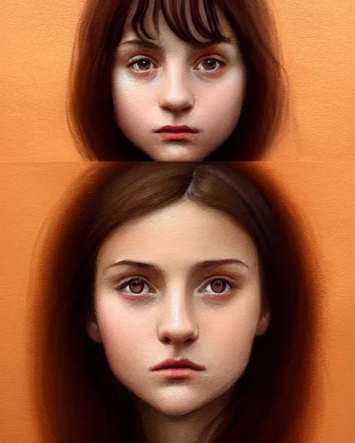 Image similar to portrait of a welsh teenage girl with brown hair, dark brown eyes, glowing skin, delicate features, quiet beauty, amelie poulain, young Mary Louise Parker, fantasy, intricate, elegant, dress shirt, highly detailed, digital painting, artstation, concept art, smooth, sharp focus, illustration, art by Krenz Cushart and Artem Demura and alphonse mucha