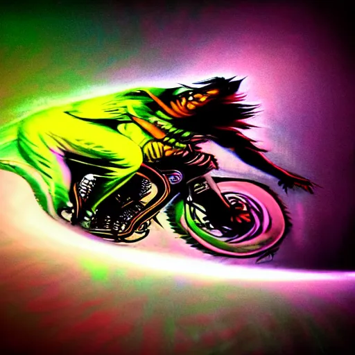 Image similar to psychedelic blacklight airbrush artwork, hyper stylized action shot of an orc biker riding a motorcycle, clear focused details, soft airbrushed edges and gradients on a black background