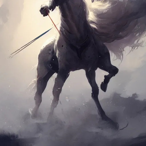 Image similar to a white horse The one who rode him carried arrows and a bow in his hand, and they gave him a crown, digital Art, Greg rutkowski Trending artstation