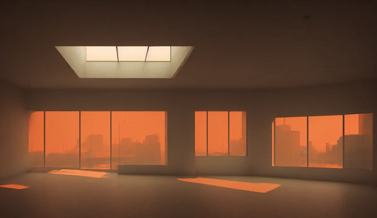 Image similar to an eco brutalist room with small windows, orange neon lights, dramatic lighting, hyper realistic, photography, 3 5 mm, kodak film, 8 k, octane render, unreal engine render, concept art, volumetric lighting, foggy