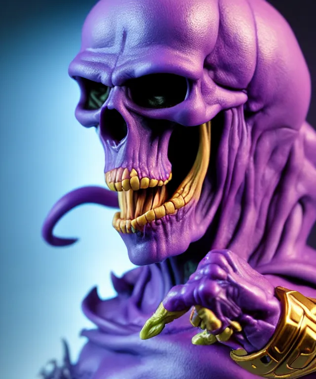 Prompt: hyperrealistic rendering, skeletor, by art of skinner and richard corben and jeff easley, product photography, action figure, sofubi, studio lighting, colored gels